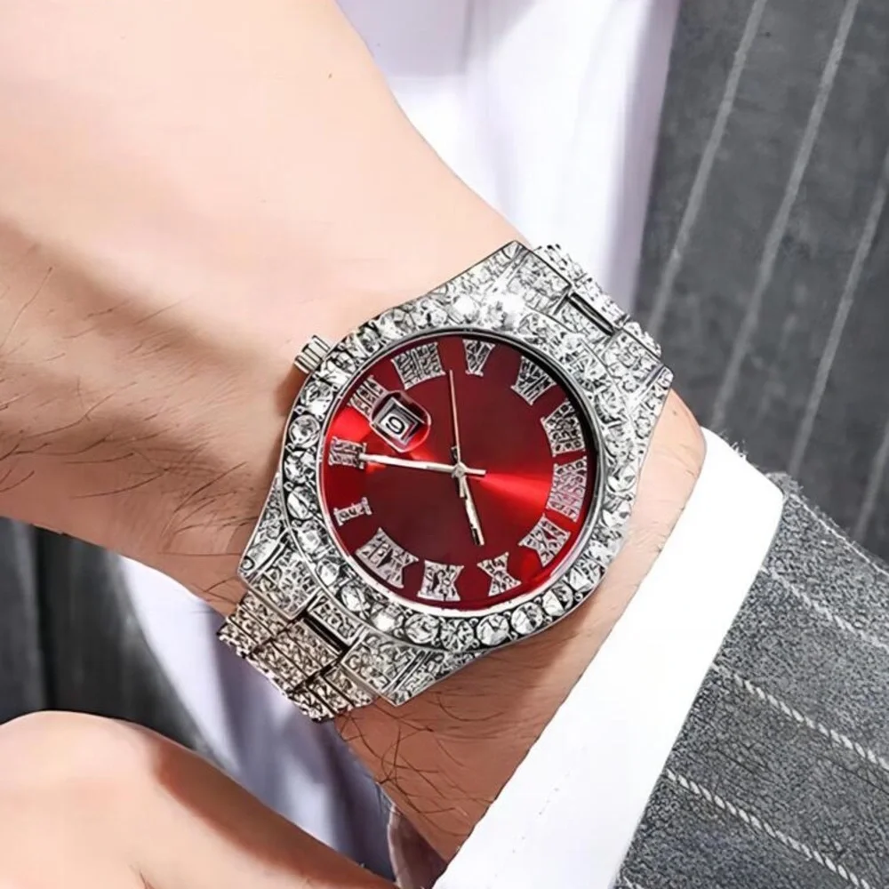 Luxury Hip Hop Silver w/Red Face Men Watch